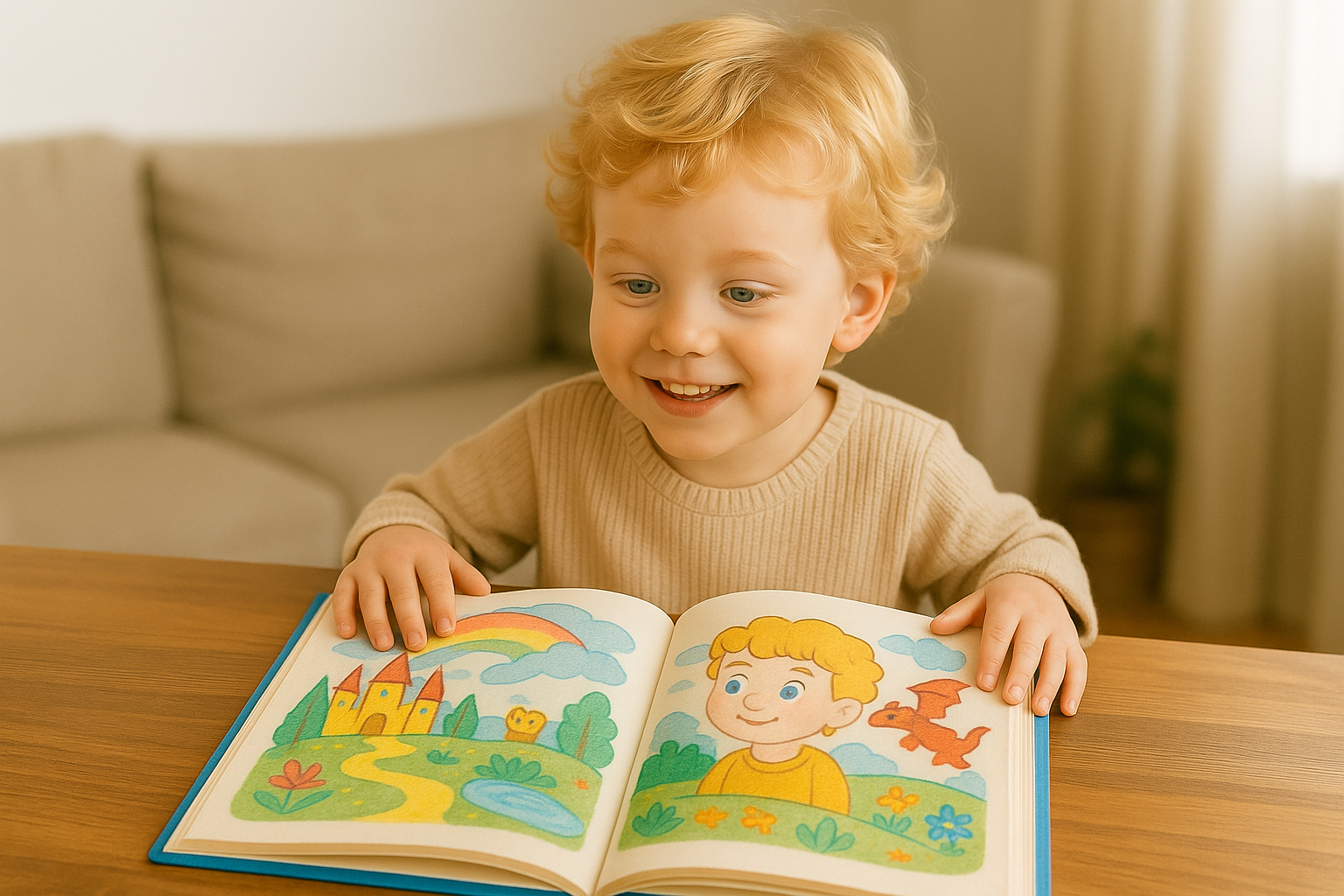 Criança feliz lendo livro personalizado
